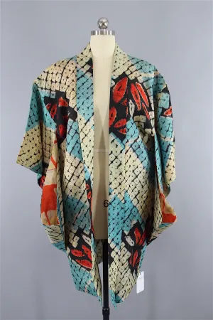 1920s Vintage Silk Haori Kimono Jacket Cardigan / Aqua Orange Shibori