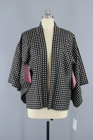 1940s Vintage Haori Kimono Jacket in Black & White Checkered Gingham