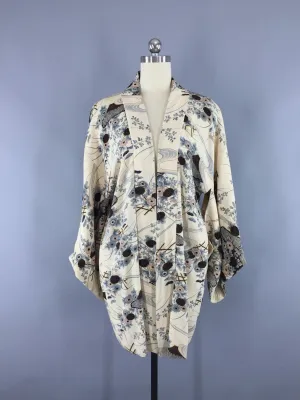 1940s Vintage Silk Haori Kimono Jacket with Ivory Leaves Ferns Print