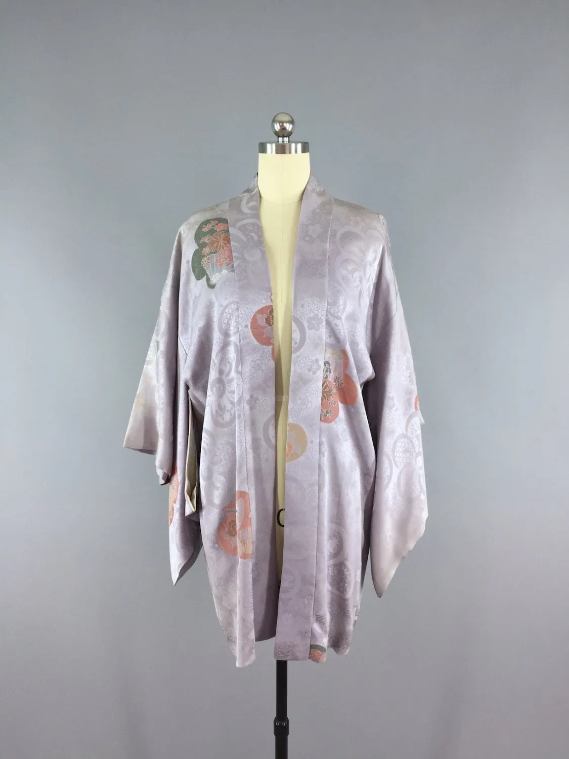 1950s Silk Haori Kimono Cardigan / Silver Grey Lavender