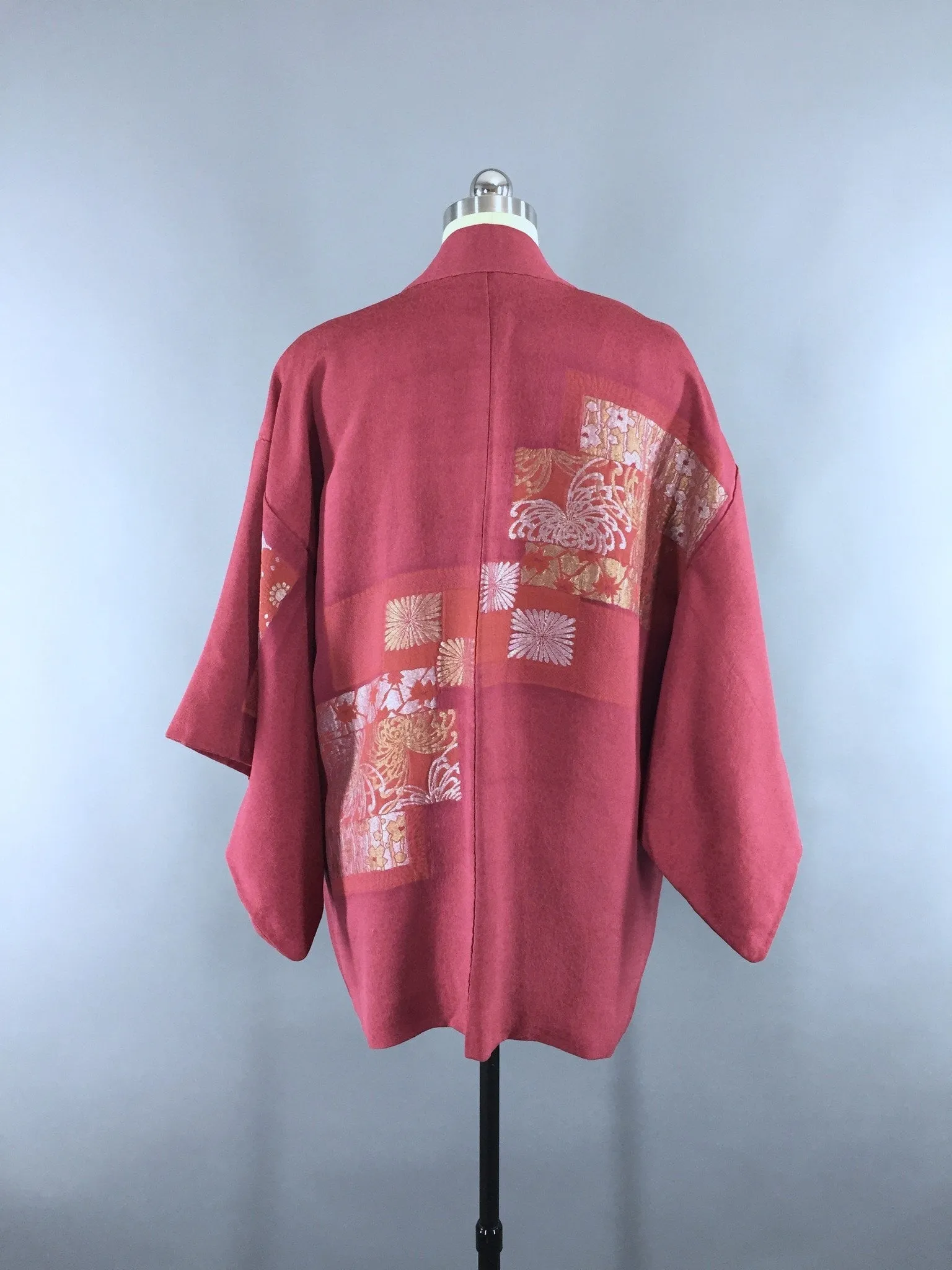 1970s Vintage Silk Haori Kimono Jacket with Brick Red Floral Urushi Embroidery