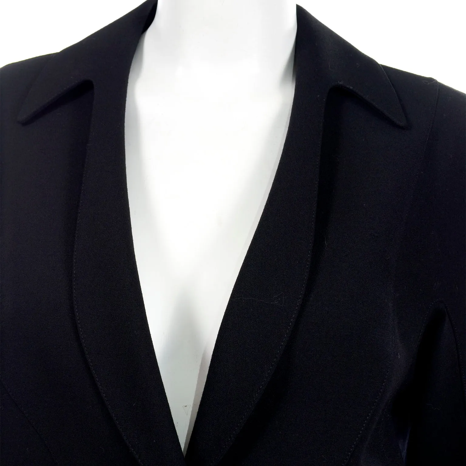 1990s Thierry Mugler Black Skirt Jacket Suit w Red Velvet Trim