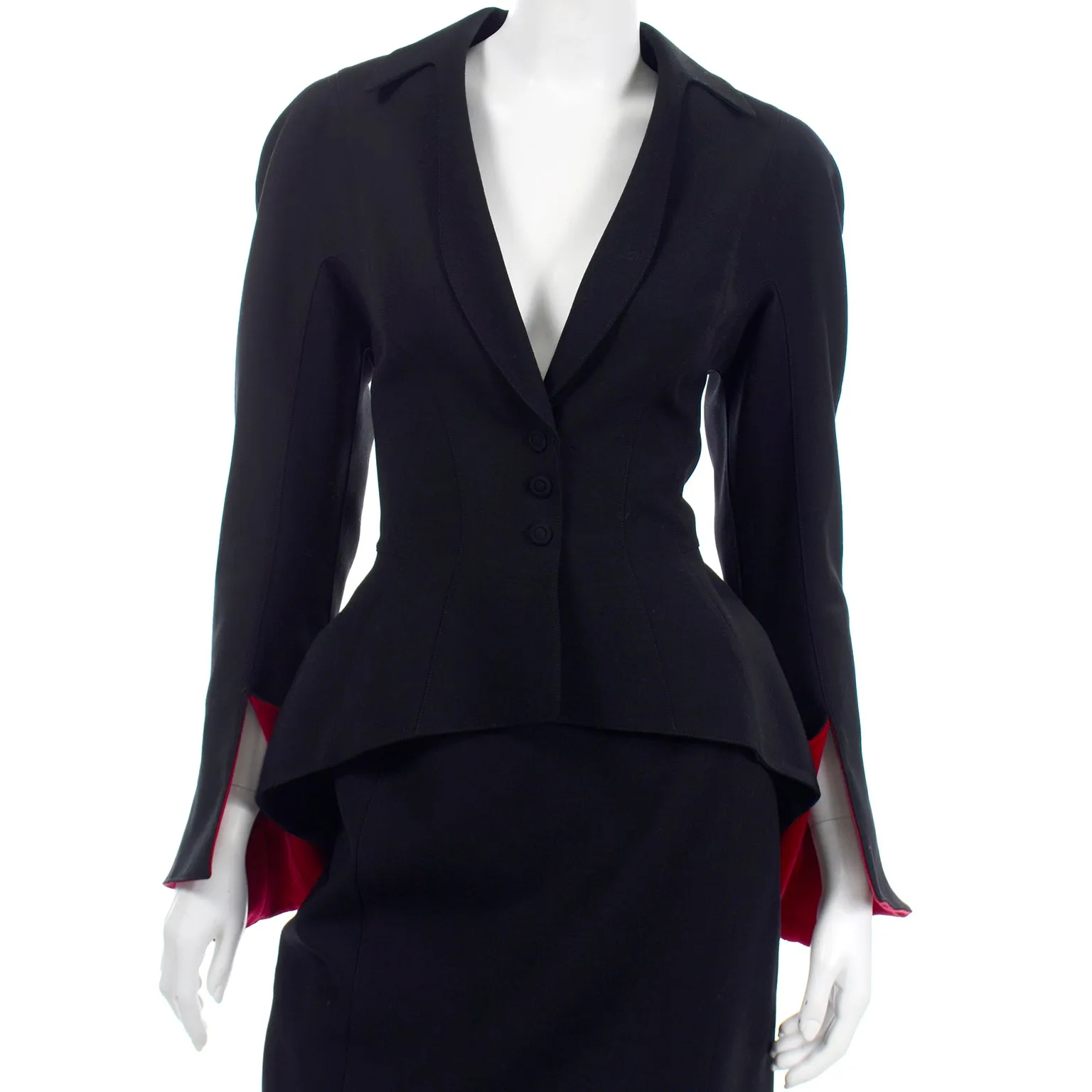 1990s Thierry Mugler Black Skirt Jacket Suit w Red Velvet Trim