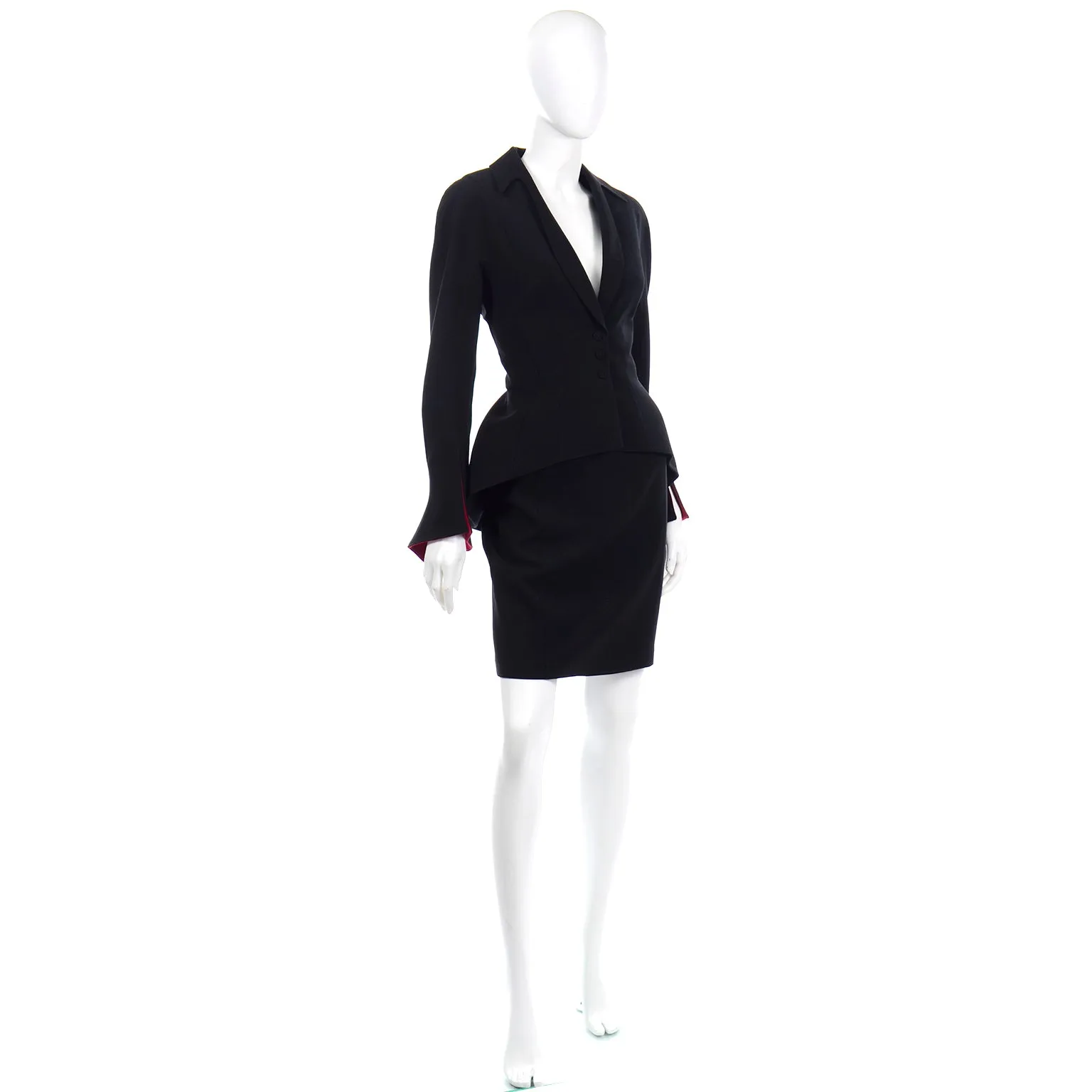 1990s Thierry Mugler Black Skirt Jacket Suit w Red Velvet Trim