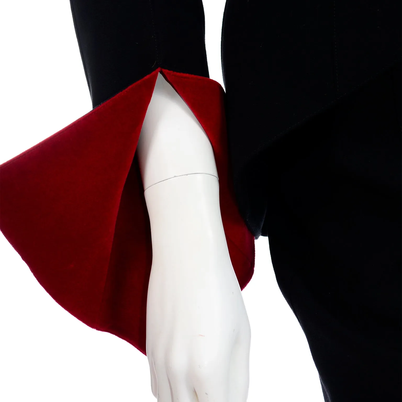 1990s Thierry Mugler Black Skirt Jacket Suit w Red Velvet Trim