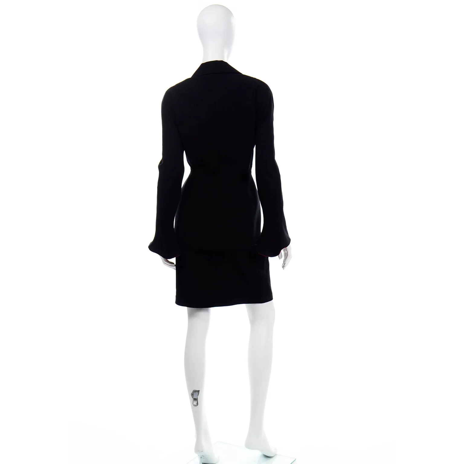 1990s Thierry Mugler Black Skirt Jacket Suit w Red Velvet Trim