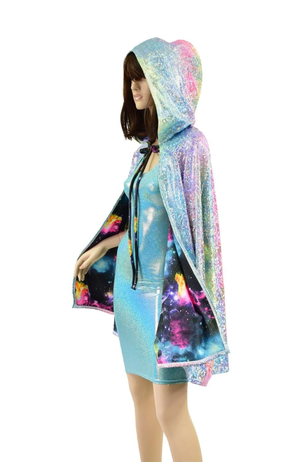 35" Hooded Rainbow Shattered Glass Cape with Galaxy Lining