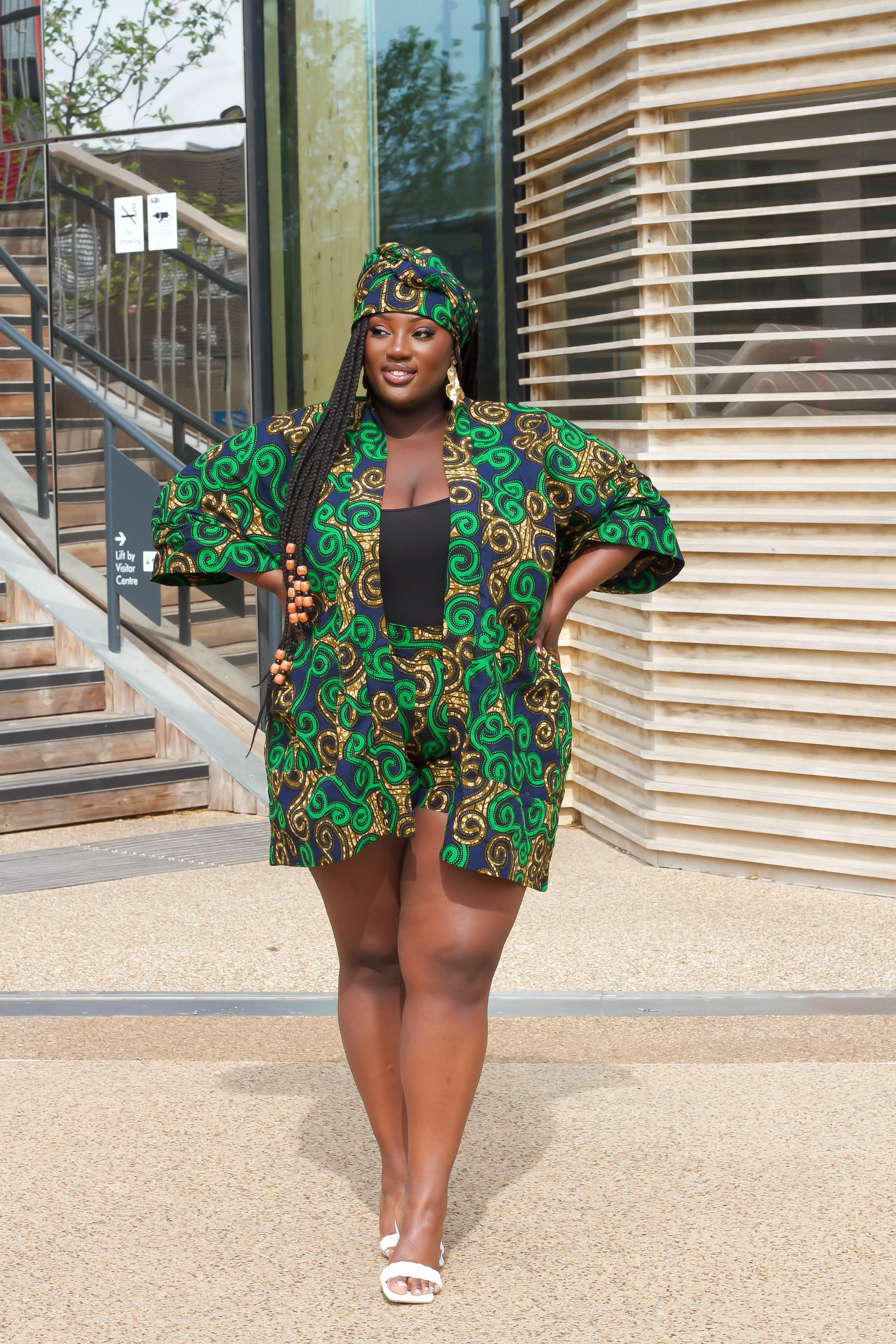 3pcs African Print Short Kimono Jacket, Shorts and Headwrap Set- Adaeze