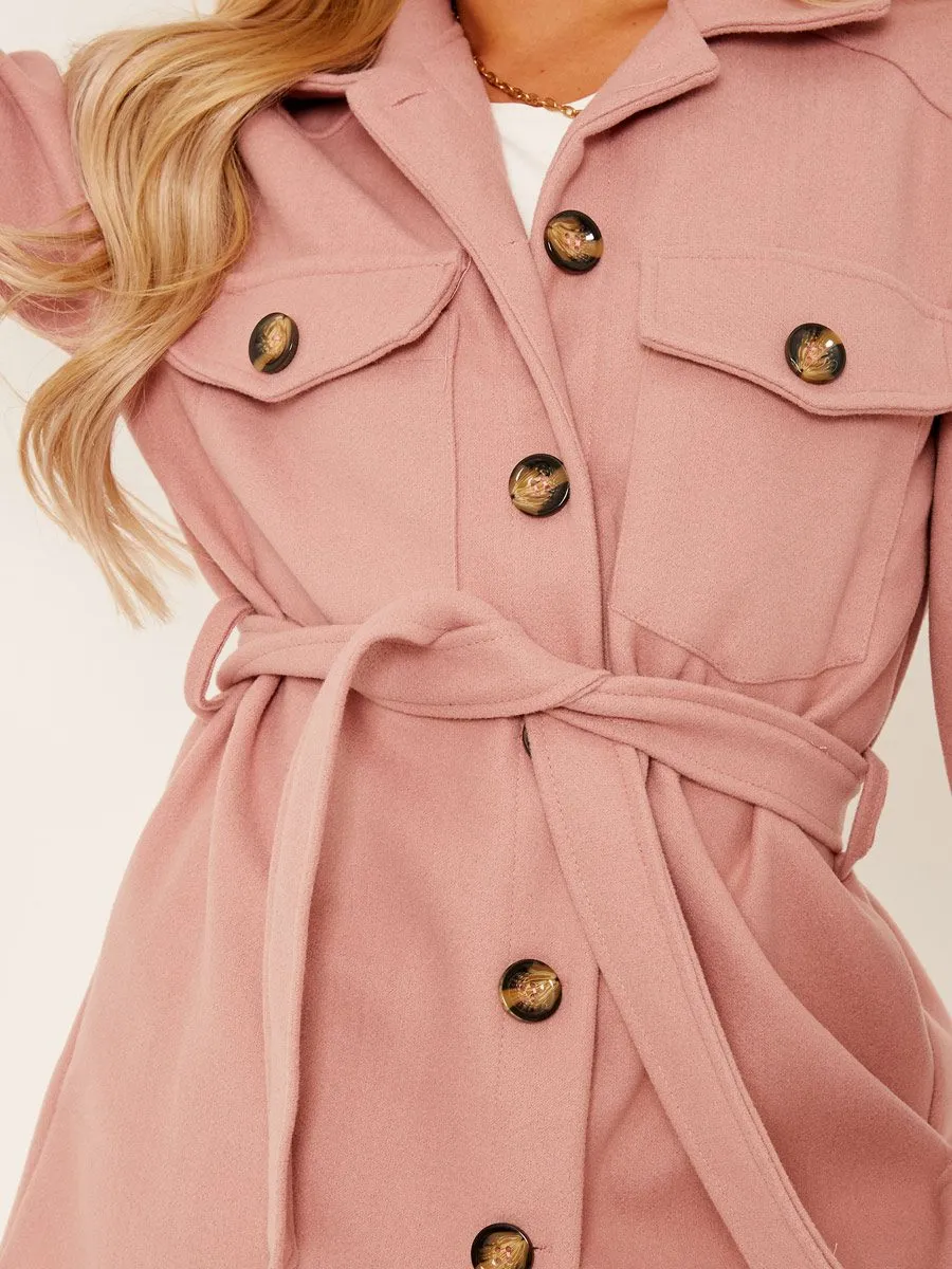 Alix Oversized Thick Belted Shacket In Rose