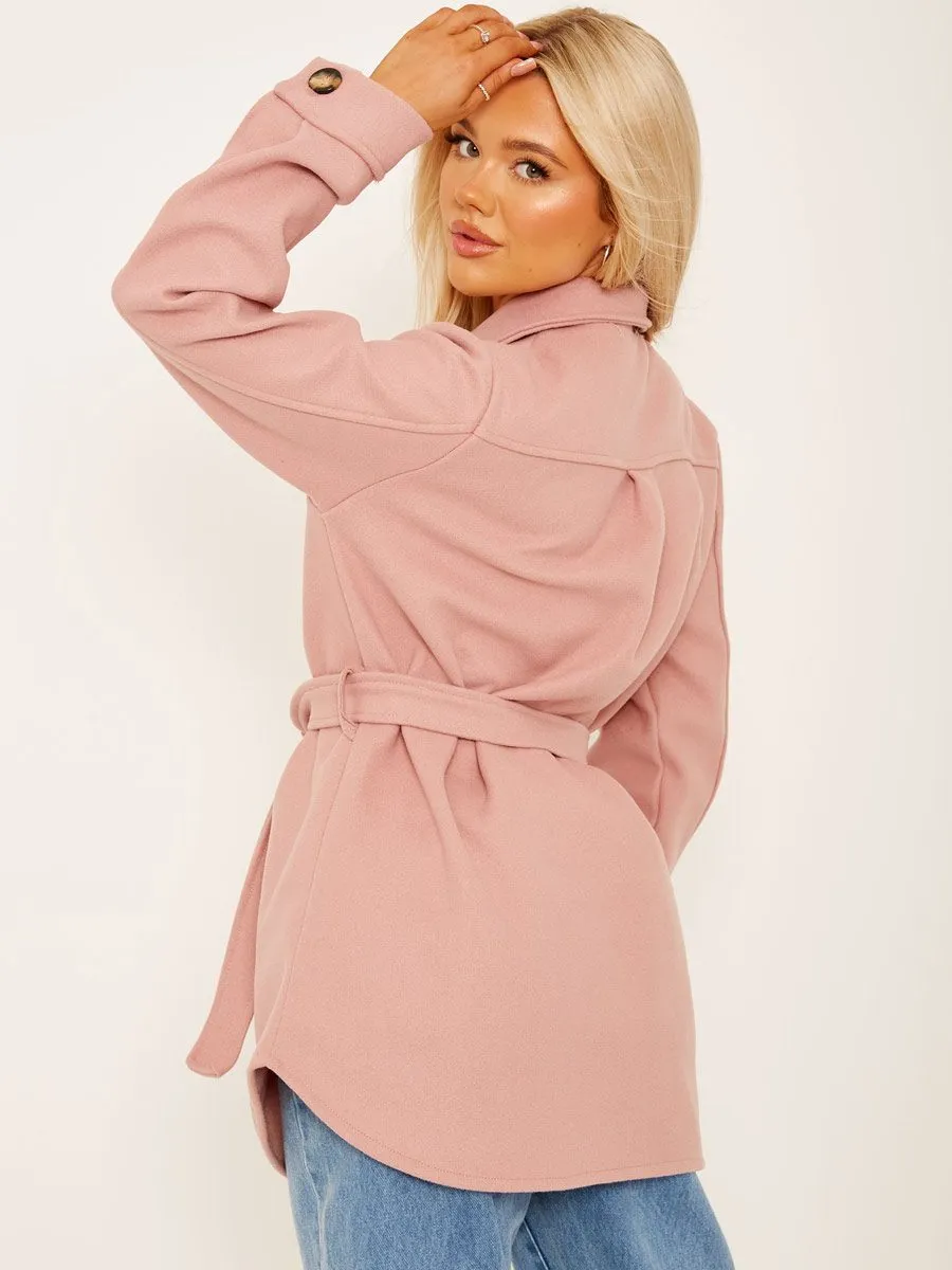 Alix Oversized Thick Belted Shacket In Rose