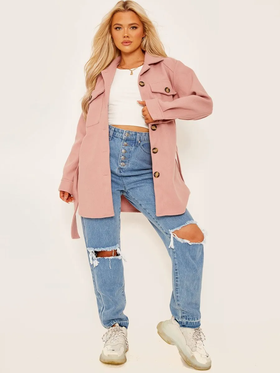 Alix Oversized Thick Belted Shacket In Rose