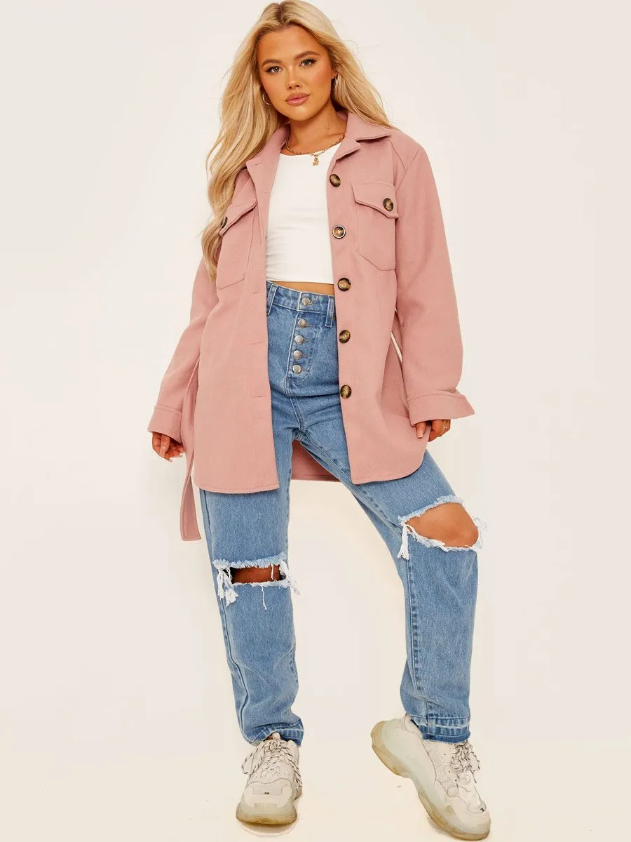 Alix Oversized Thick Belted Shacket In Rose