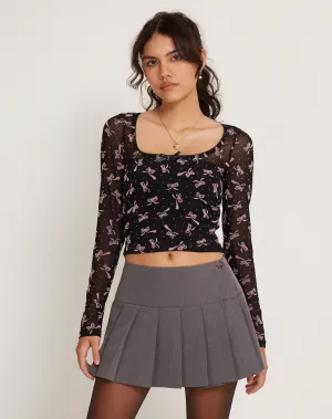 Amati Long Sleeve Mesh Crop Top in Ditsy Ribbon Dusty Pink Flock