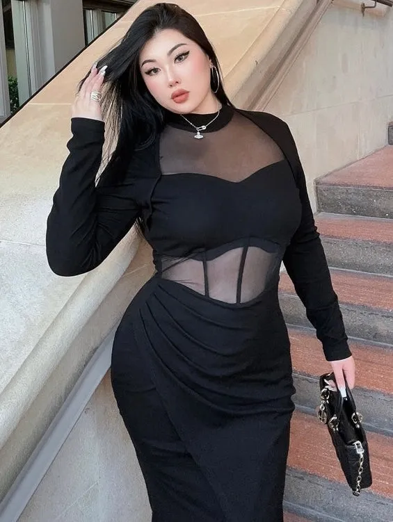 Annabel Solid Color Black Long Sleeve Patchwork Mesh Long Sleeve Dress