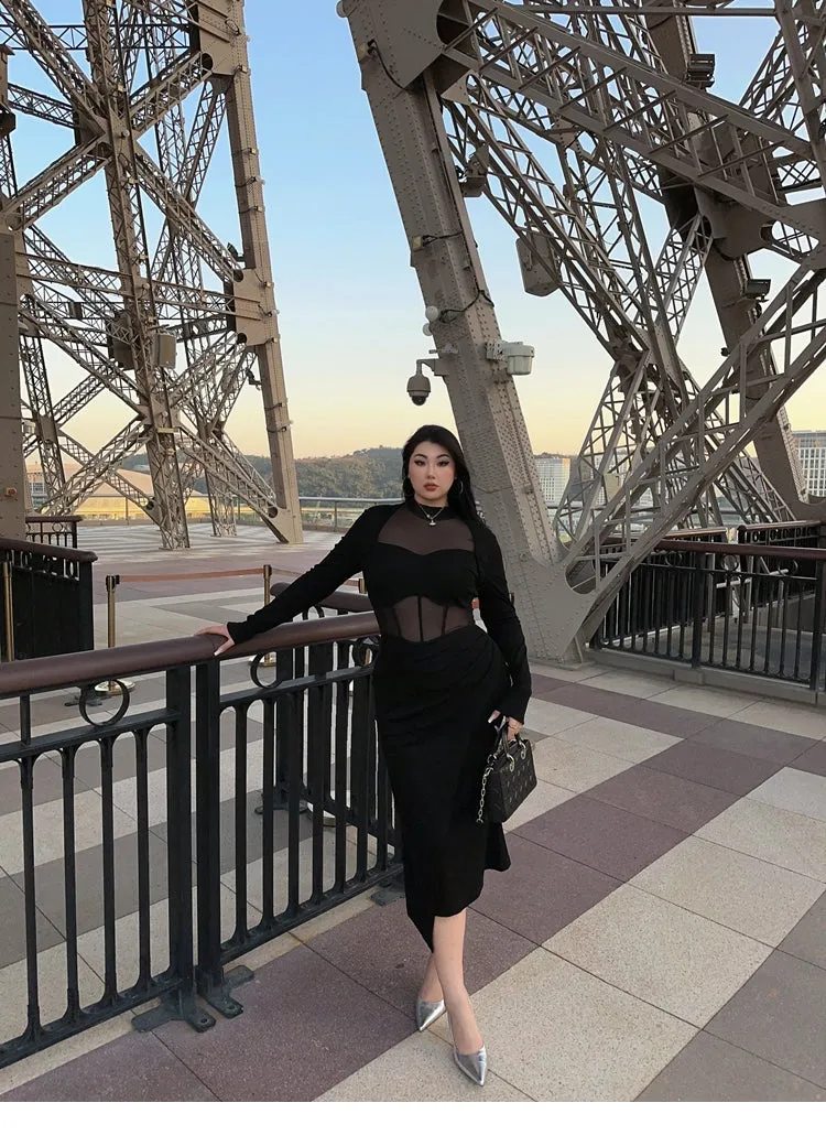 Annabel Solid Color Black Long Sleeve Patchwork Mesh Long Sleeve Dress