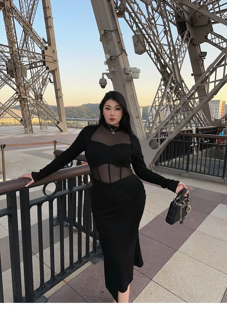 Annabel Solid Color Black Long Sleeve Patchwork Mesh Long Sleeve Dress