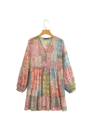 'Aria' V-Neck Long-Sleeve  Patchworked Dress