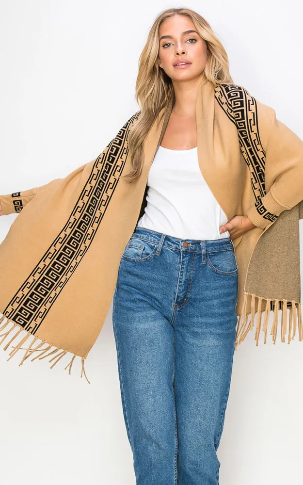 AV454 Double-Side Sleeve Cape Shawl with Fringe