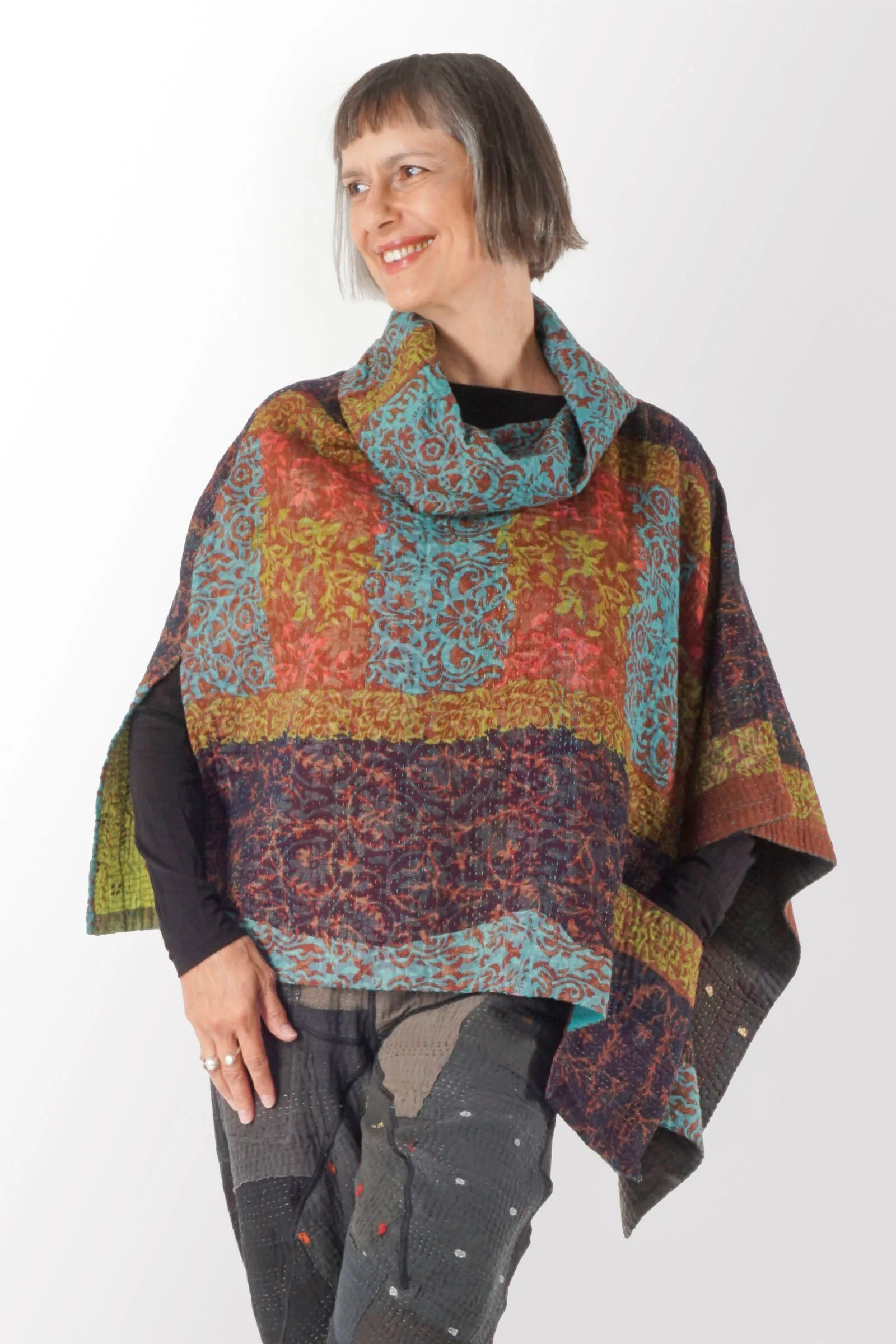 BAGH PRINT KANTHA A-LINE JKT COWL NECK LONG CAPE - bg4842-brn -