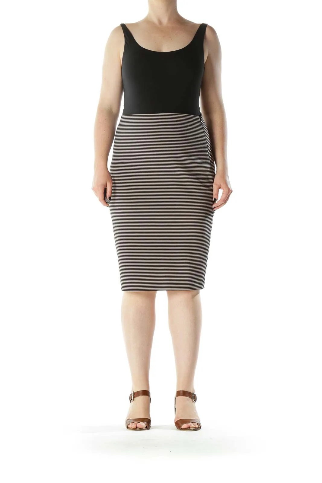 Beige Black Striped Stretch Side Zipper Pencil Skirt