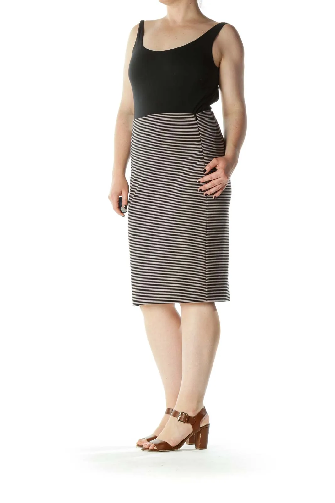 Beige Black Striped Stretch Side Zipper Pencil Skirt