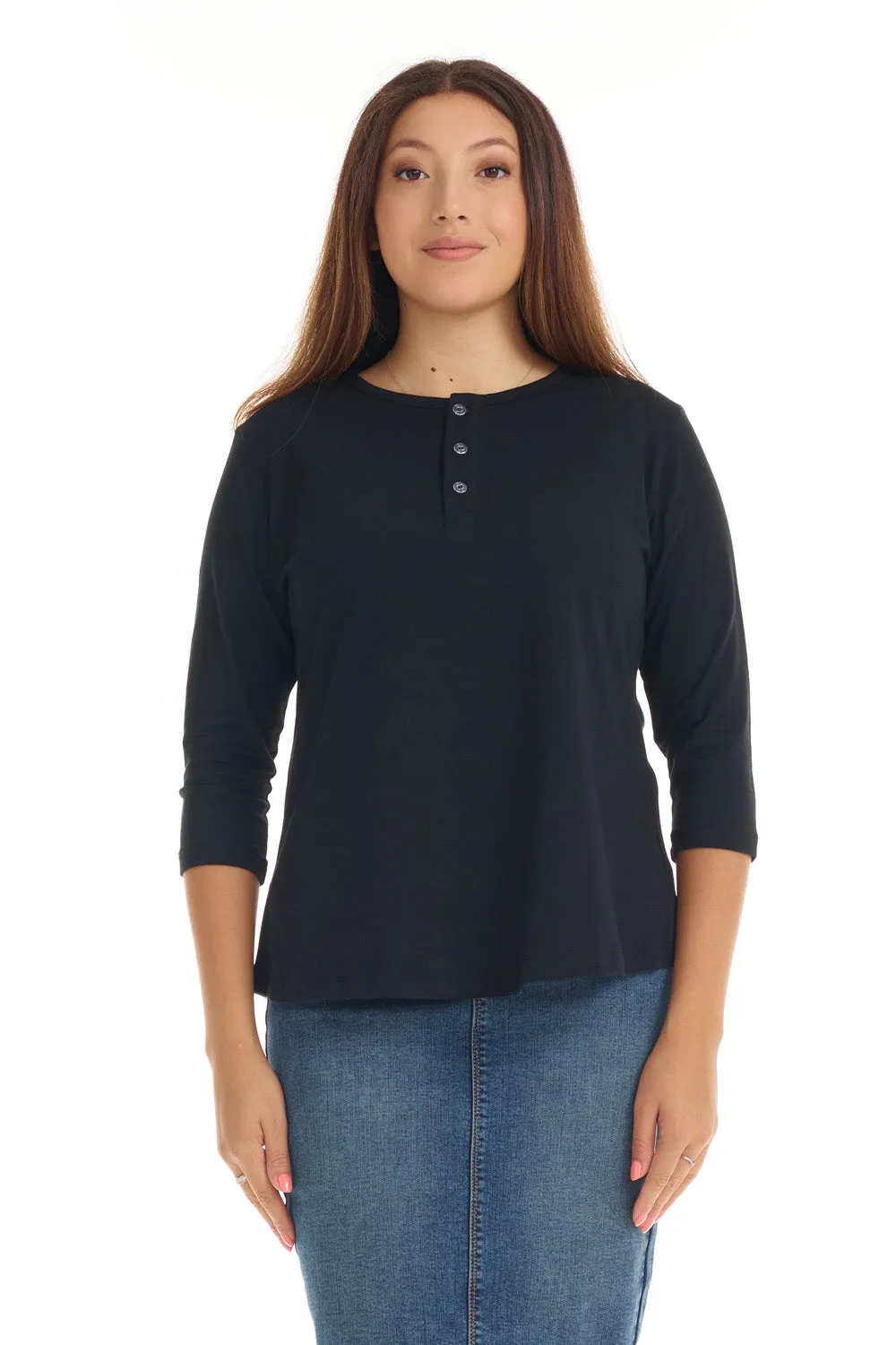 Black 3/4 Sleeve Cotton Henley T-Shirt Top for Women