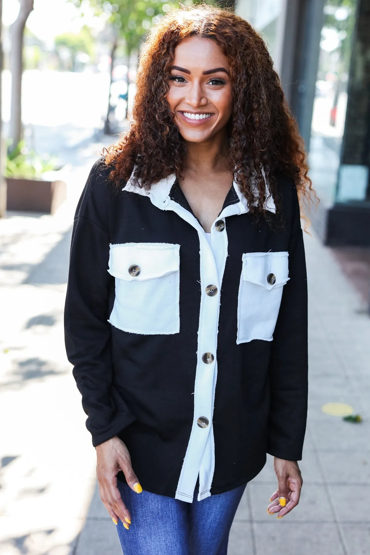 Black & Ivory Button Down French Terry Shacket