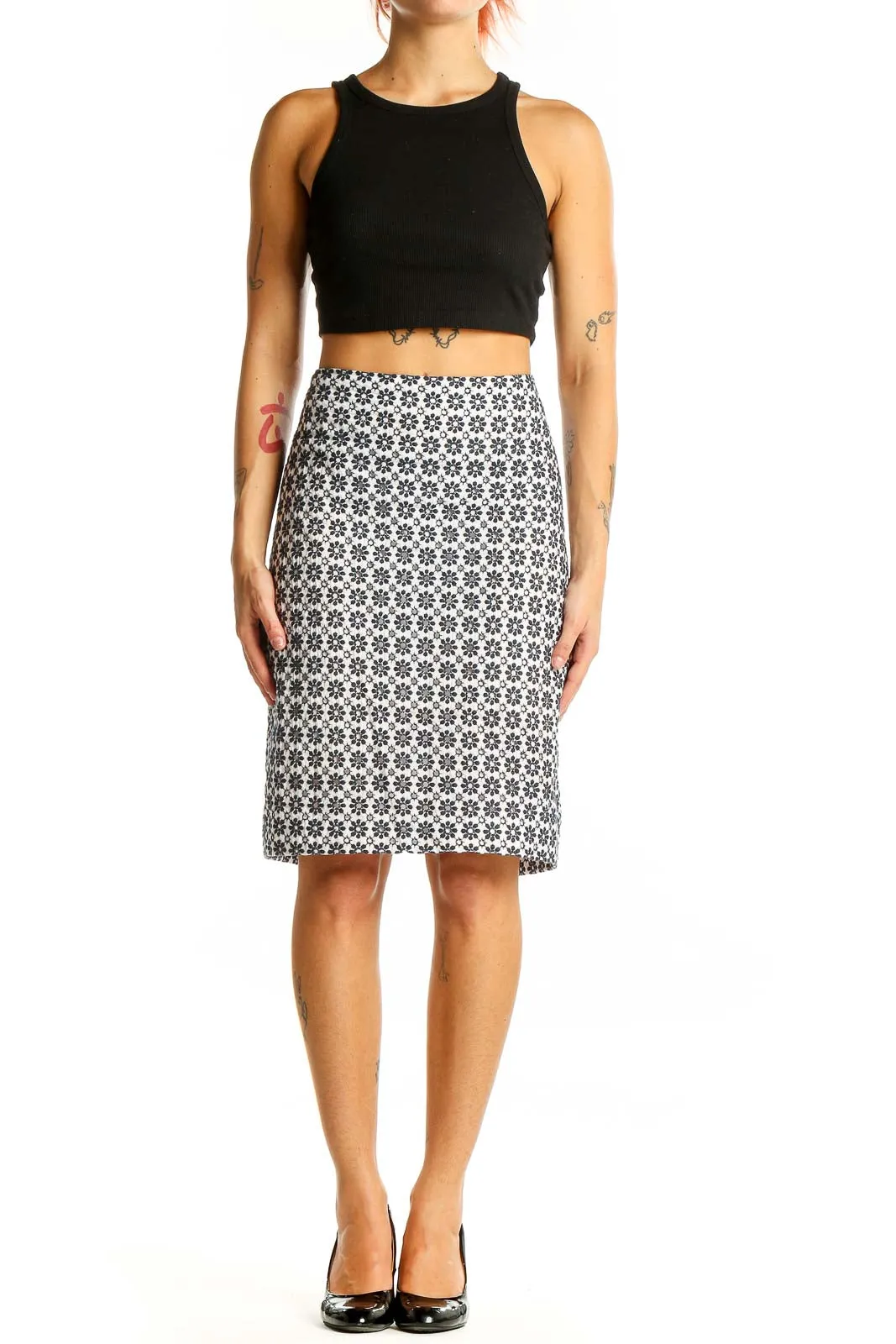 Black and White Floral Pencil Skirt