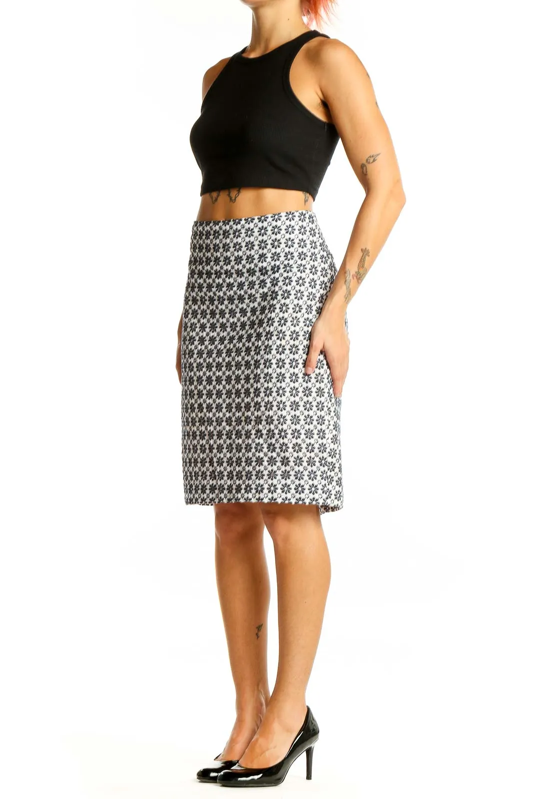 Black and White Floral Pencil Skirt