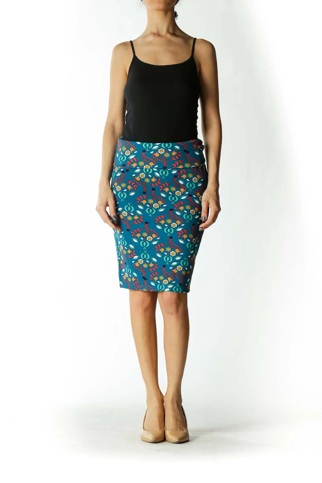 Blue Floral Print Tube Skirt