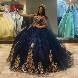 Blue Quincenara Dress 3D Flowers Applique Lace Ball Gown With Cape Corset Sweet 16 Vestidos De XV Años