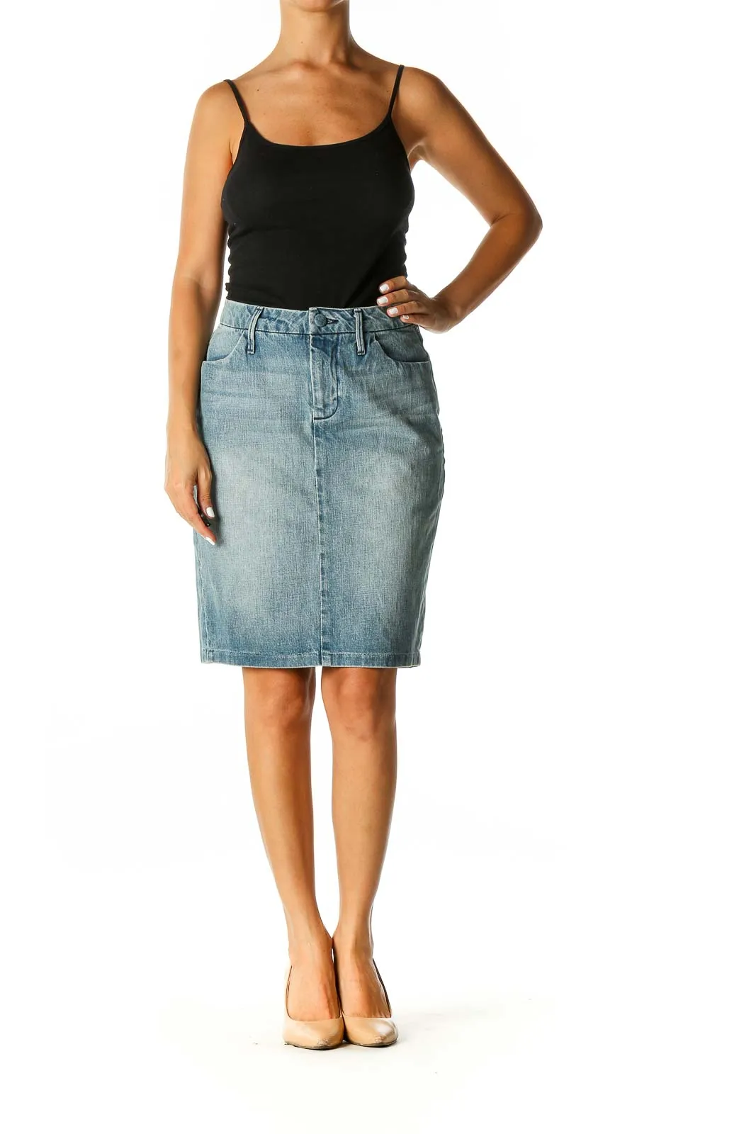 Blue Solid Casual Pencil Skirt