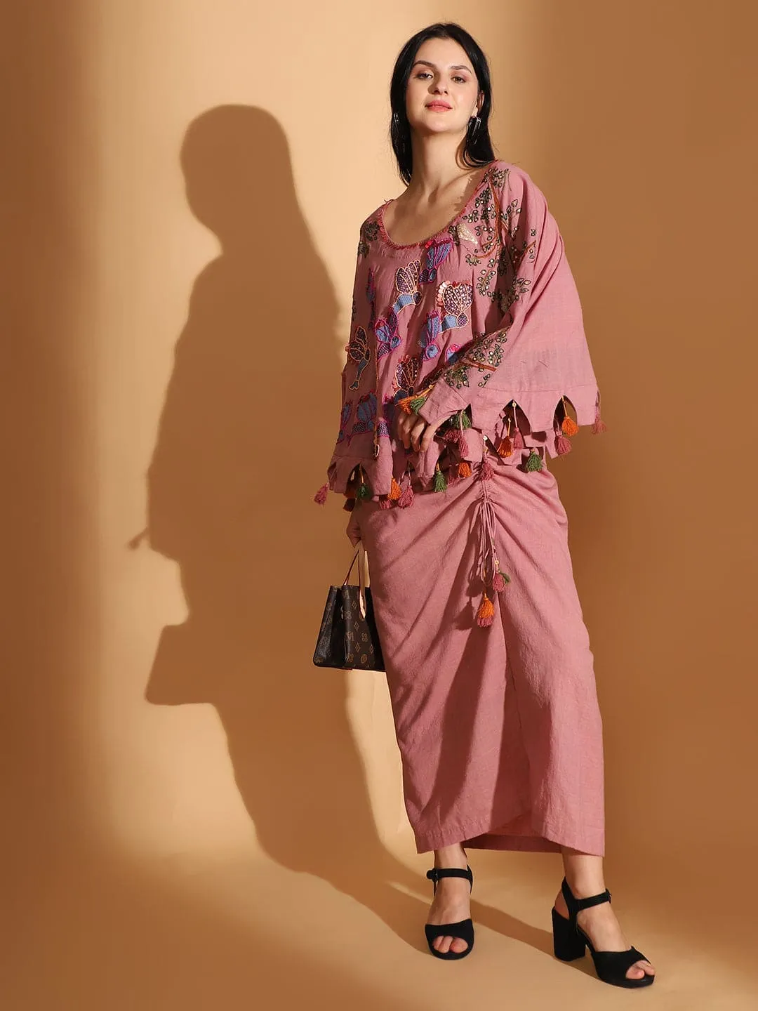 Blush Pink Gond Artwork Top & Skirt