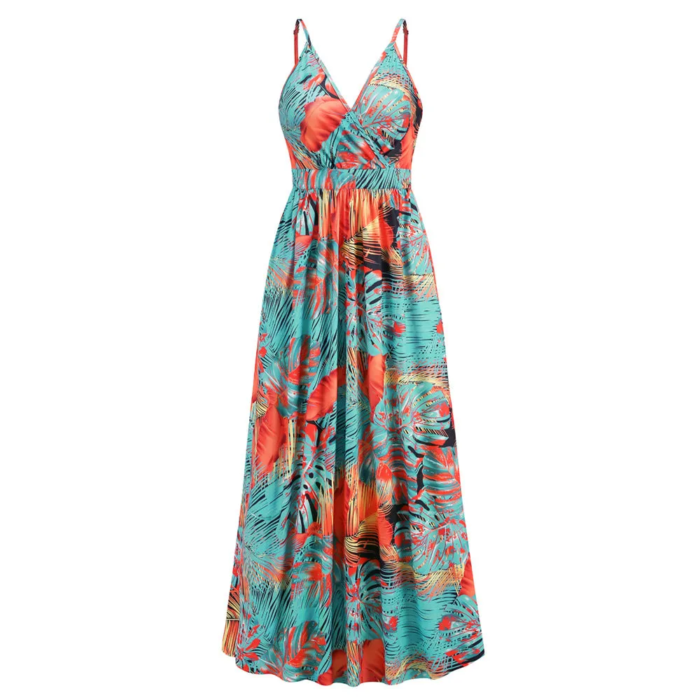 Bohemian Print  Sexy V-neck Sling Maxi Dress