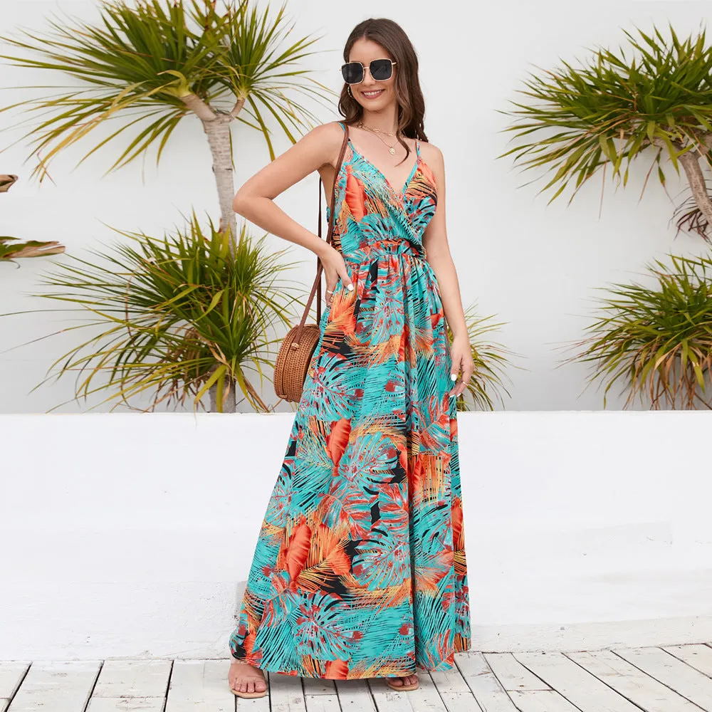 Bohemian Print  Sexy V-neck Sling Maxi Dress