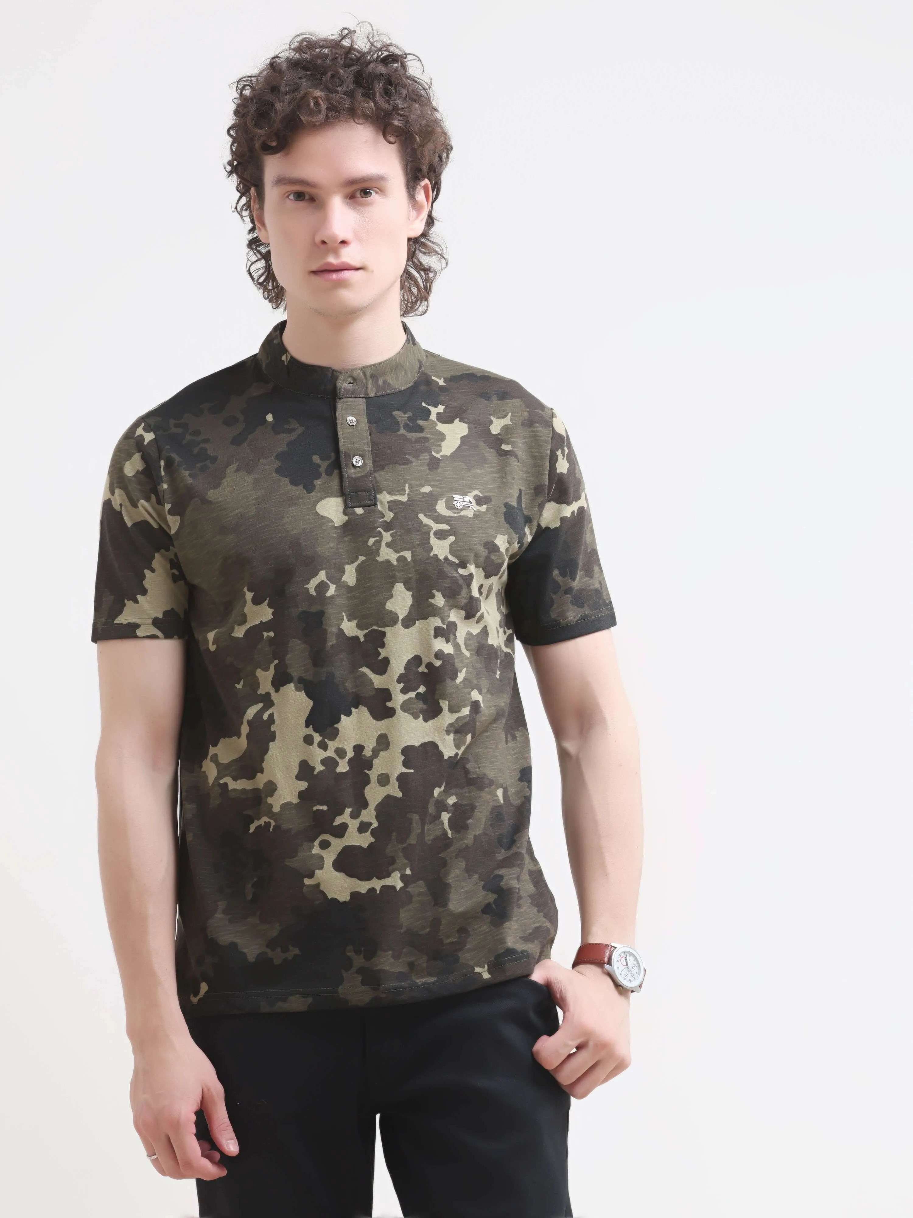 Camo OIive Henley T-shirt