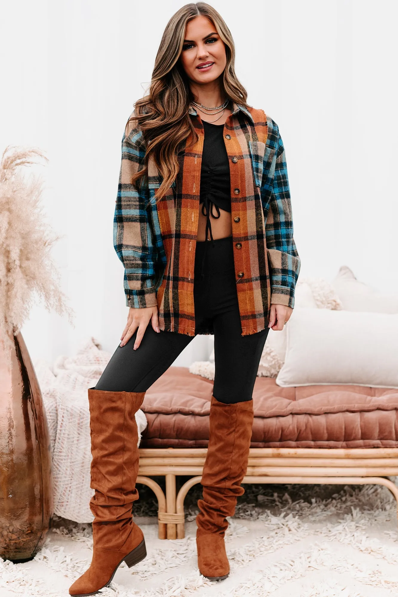 Campfire Evenings Oversized Plaid Shacket (Blue Brown)