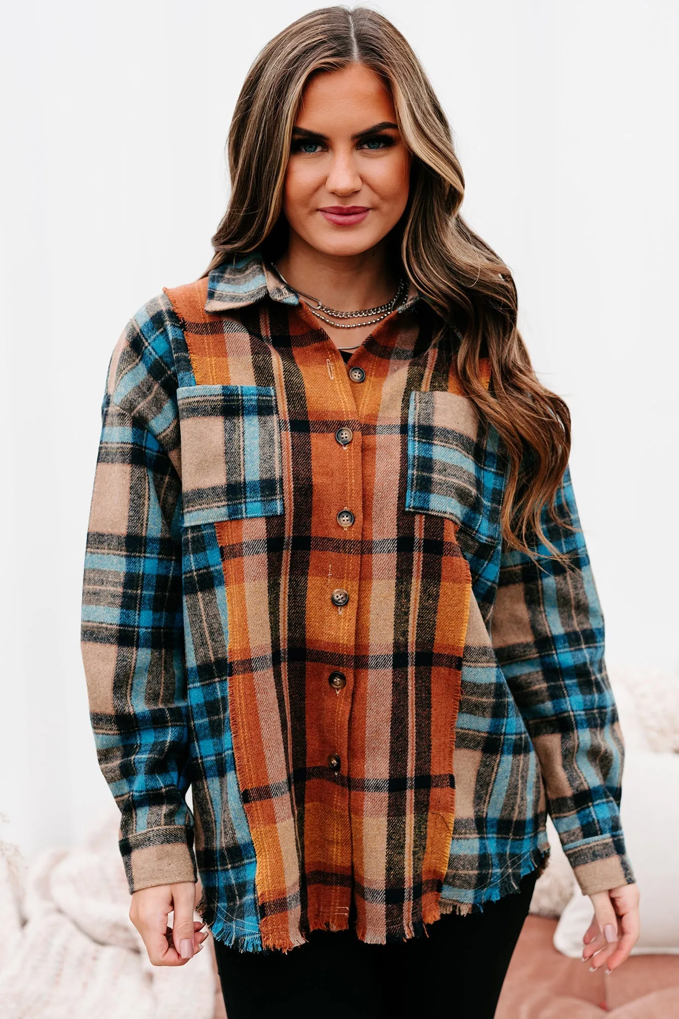 Campfire Evenings Oversized Plaid Shacket (Blue Brown)