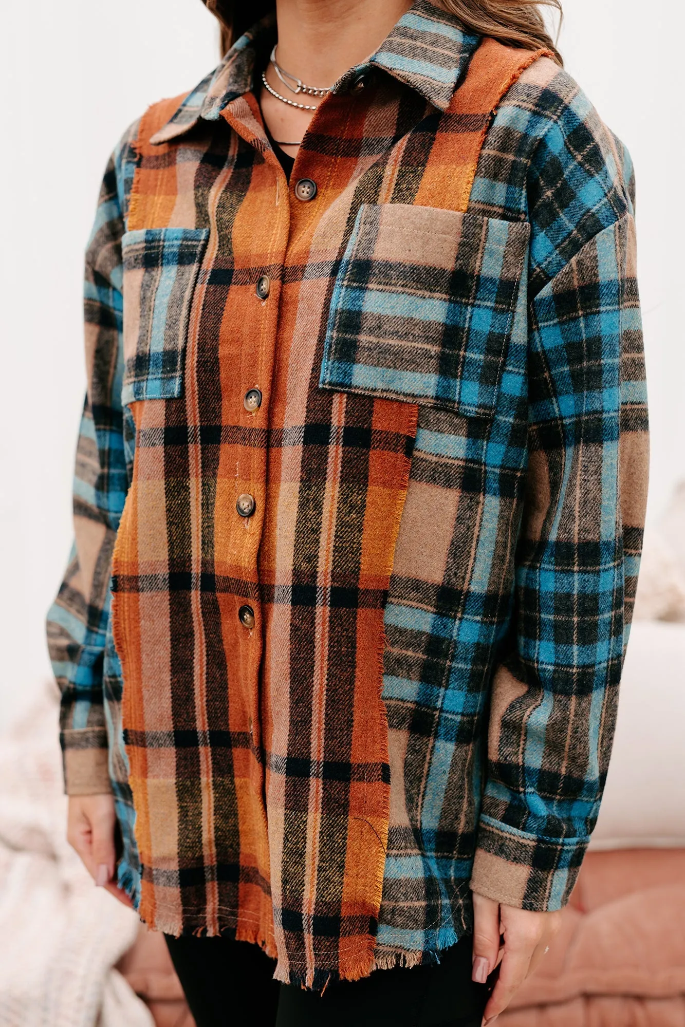 Campfire Evenings Oversized Plaid Shacket (Blue Brown)