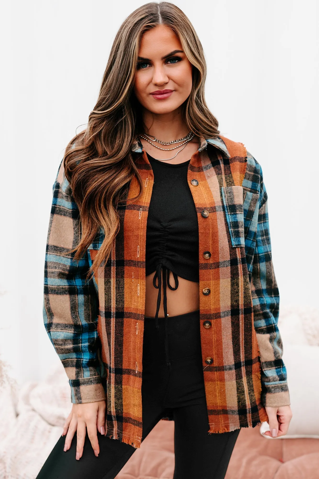 Campfire Evenings Oversized Plaid Shacket (Blue Brown)