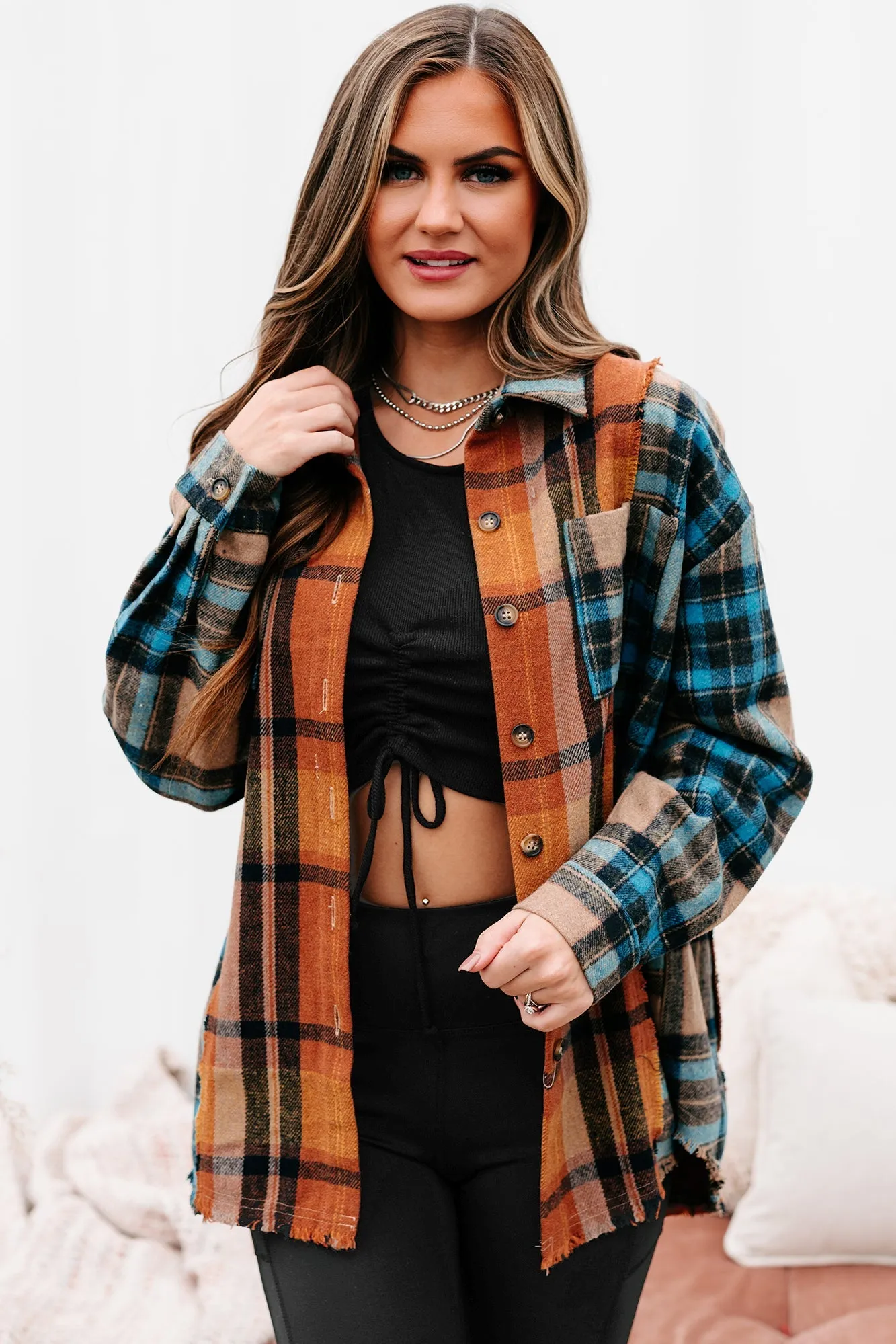 Campfire Evenings Oversized Plaid Shacket (Blue Brown)