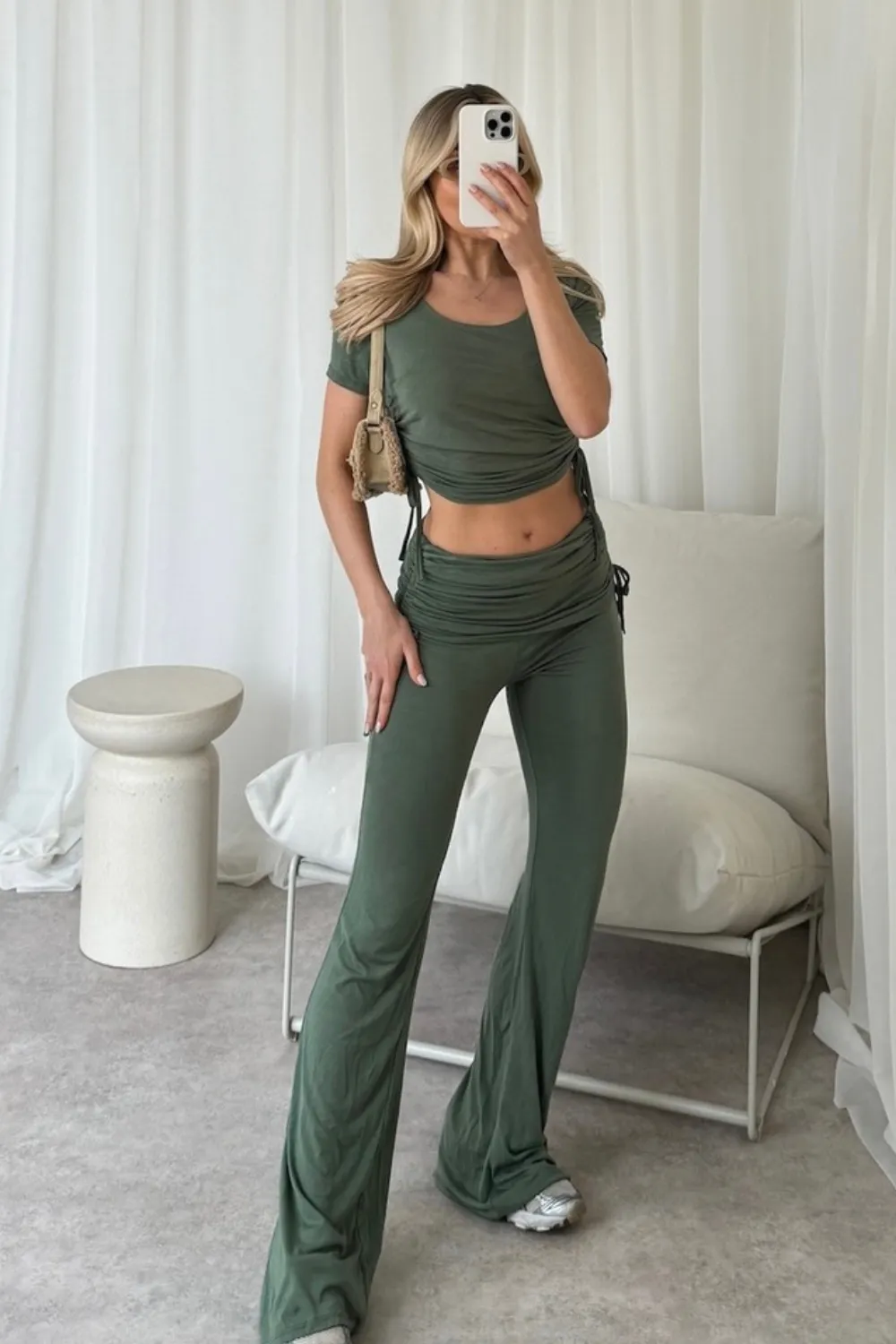 Casey khaki ruched top and fold over trouser co-ord