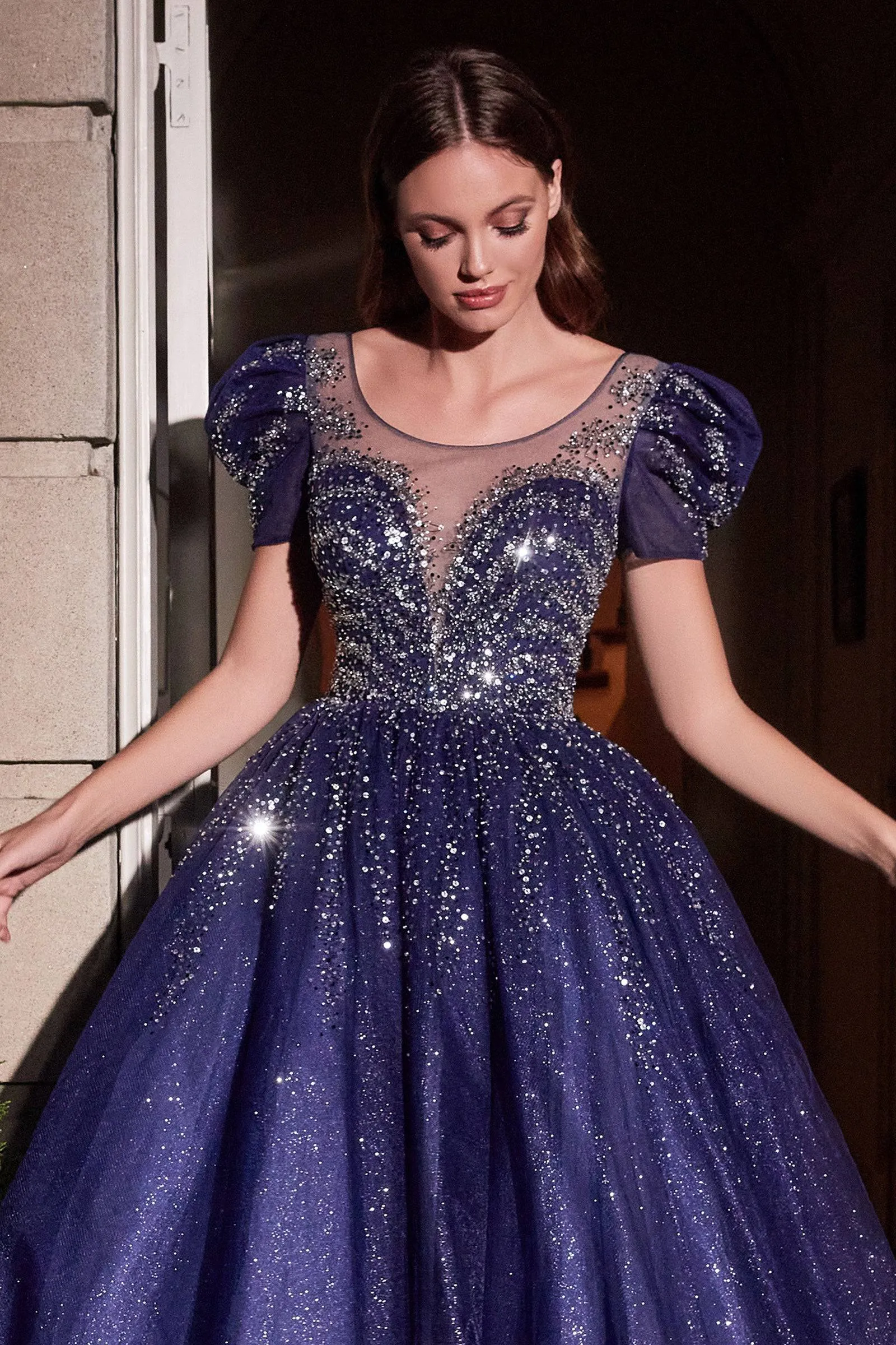 Cinderella Divine B702 Navy Ball Gown Featuring Sparkling Layered Tulle