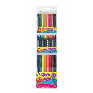 Colouring Set - 24 Piece Pencils Crayons Fibre Pens Art Supplies Assorted Bright Colours