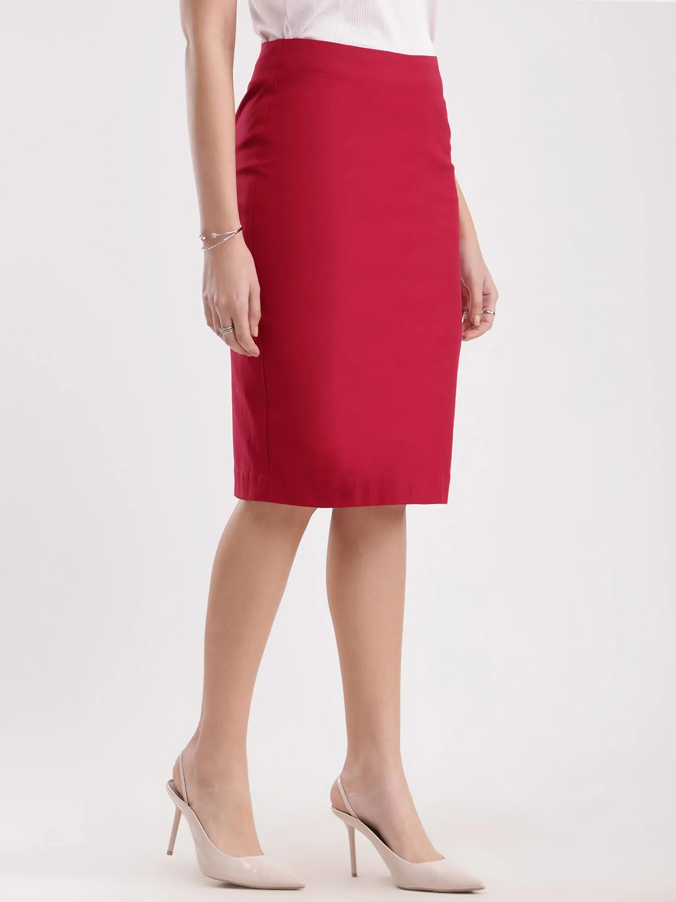 Cotton Stretchable Pencil Skirt - Red