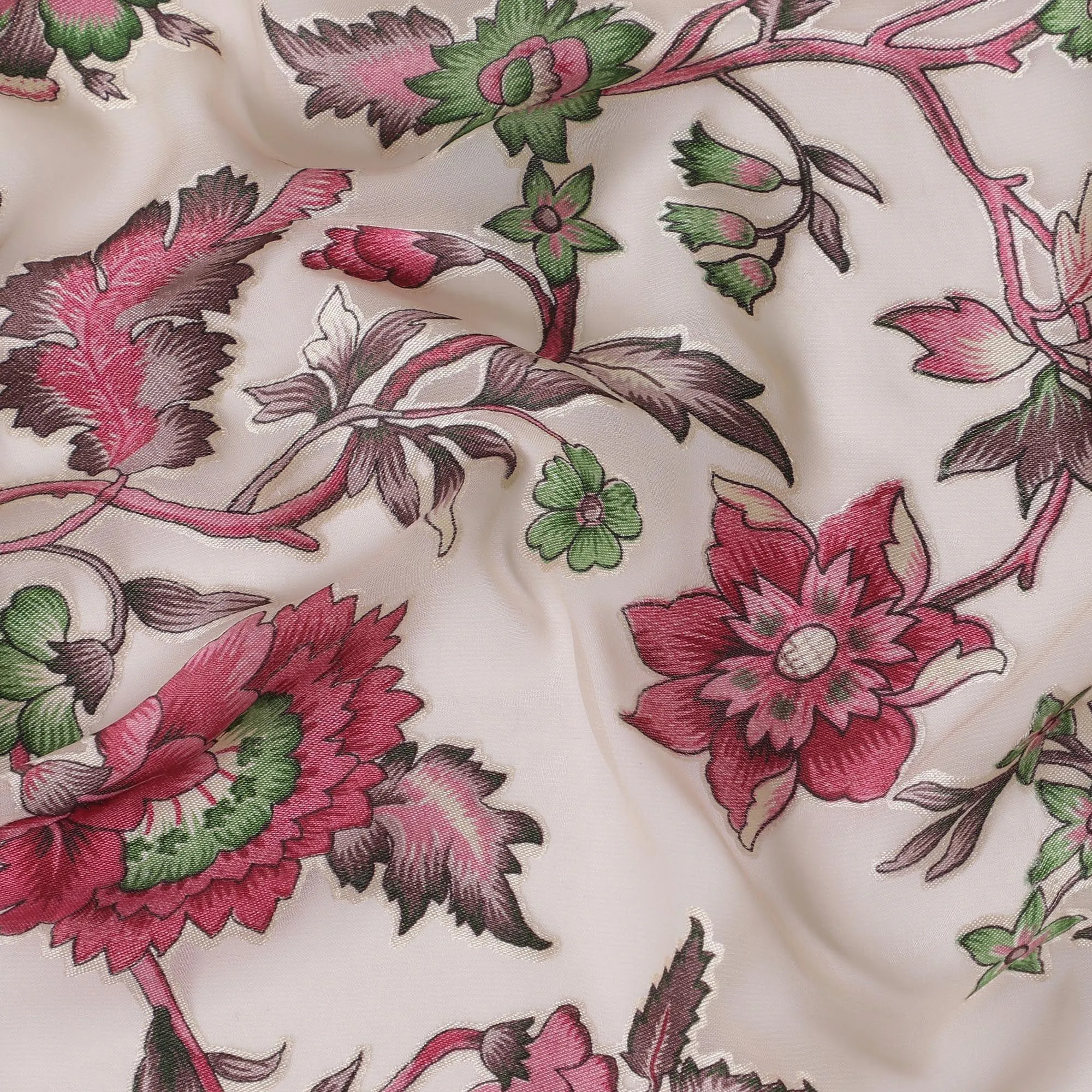 Cream synthetic chiffon fabric with multicolor print having jacquard in floral design-D13770