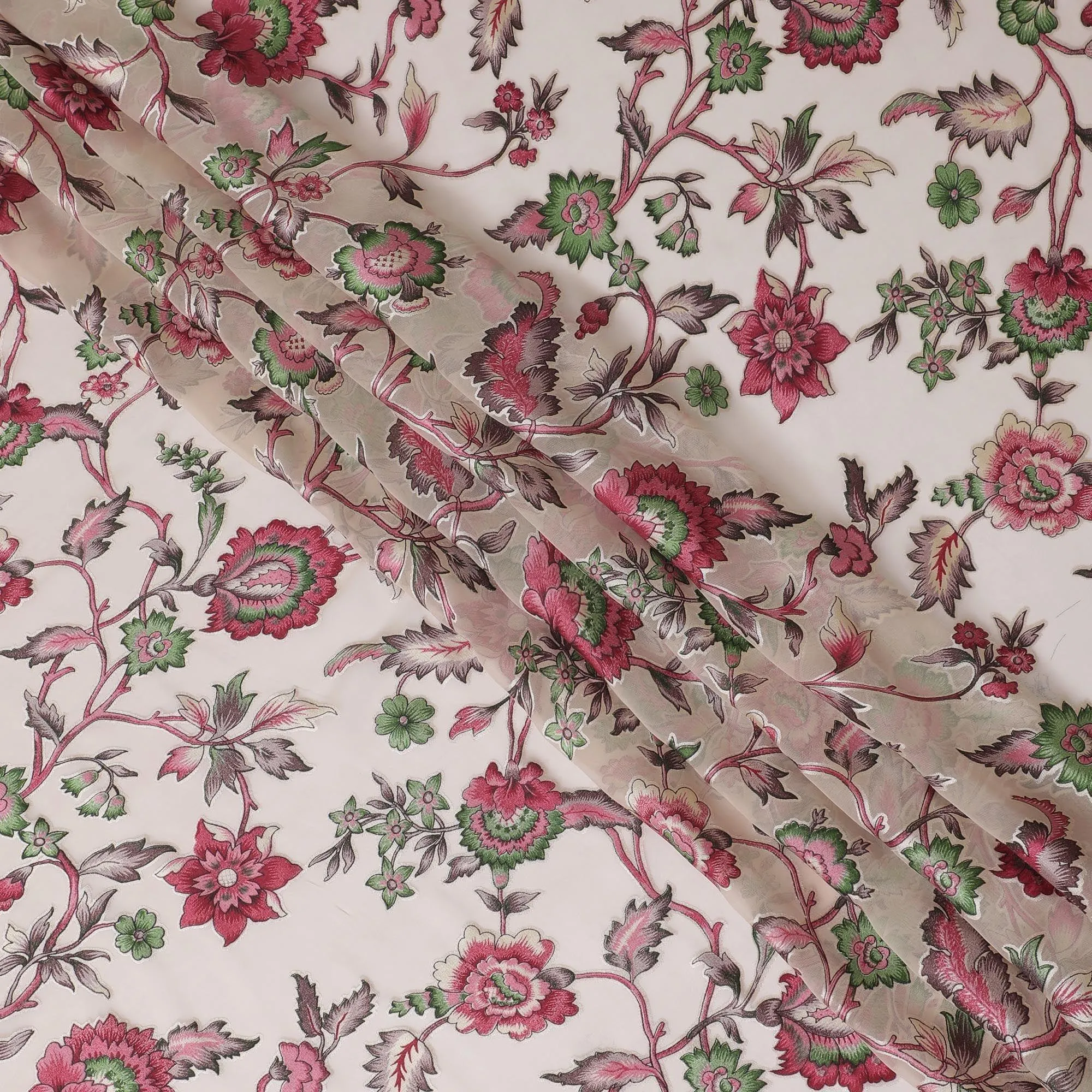 Cream synthetic chiffon fabric with multicolor print having jacquard in floral design-D13770