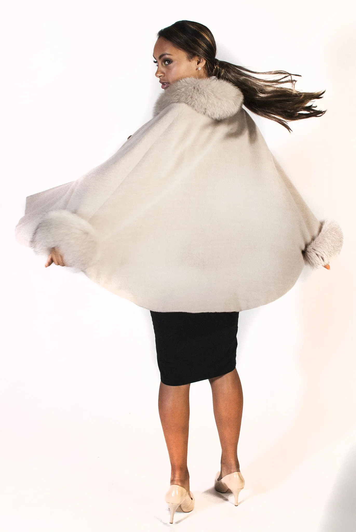 Creamy White Alpaca Cape with Fox Trim - Belted