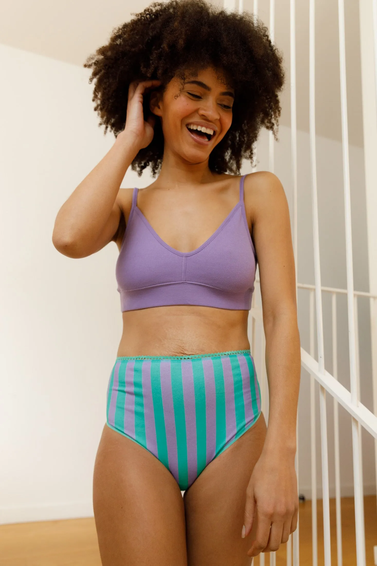 Culotte Taille Haute Coton BIO - Rayures Menthe et Violet