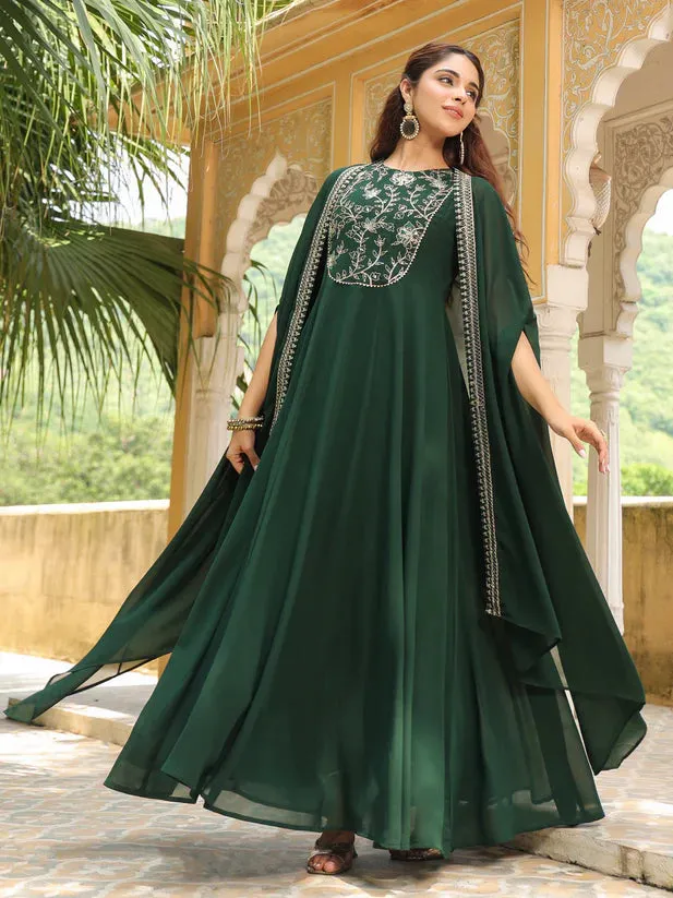 Dark Green Georgette Anarkali Embroidered Dress with Cape